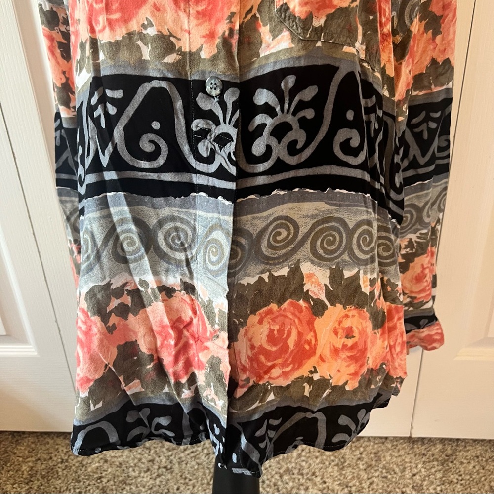 Vintage Krazy Kat Black and Pink Floral Button Down Shirt Size Large - Picture 4 of 12